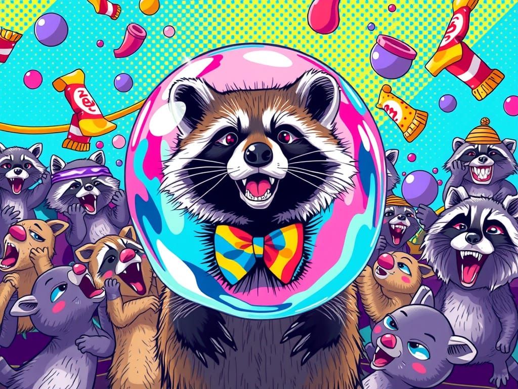 Raccoon Blows Whimsical Bubble Amidst Chewing Gum Frenzy