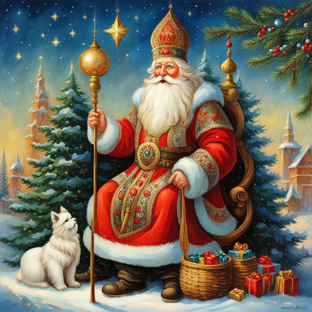 Ded Moroz Celebrates with New Year Tree