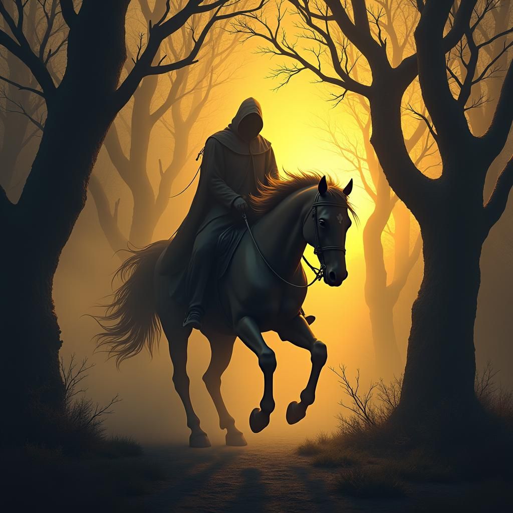Headless Horseman Rides Through Misty Forest