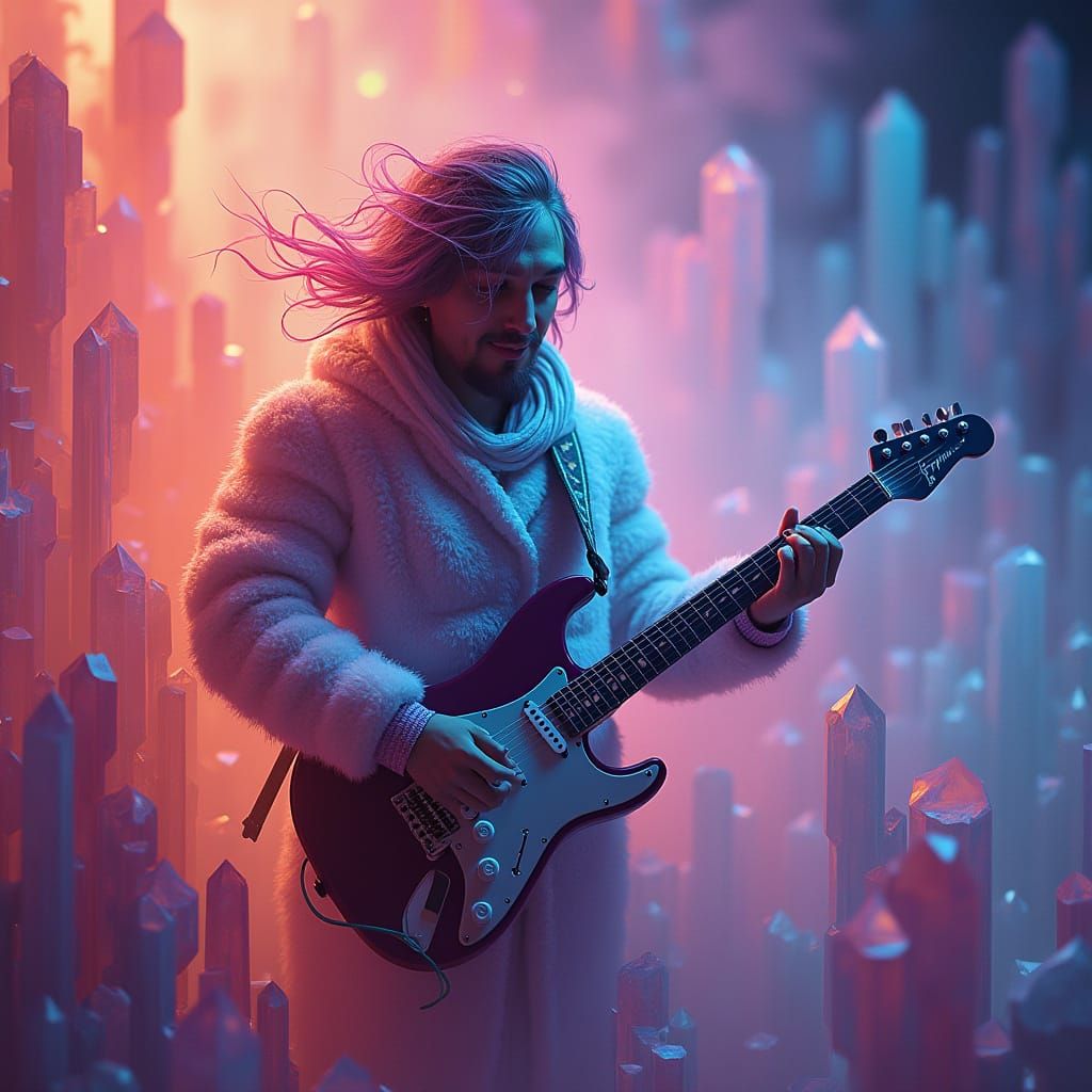 Ethereal Musician Surrounded by Vibrant Crystal Formations i...