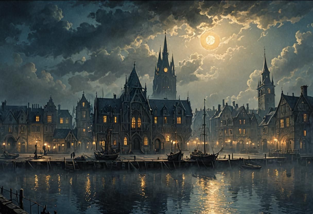 Gothic Revival Harbor Town at Night