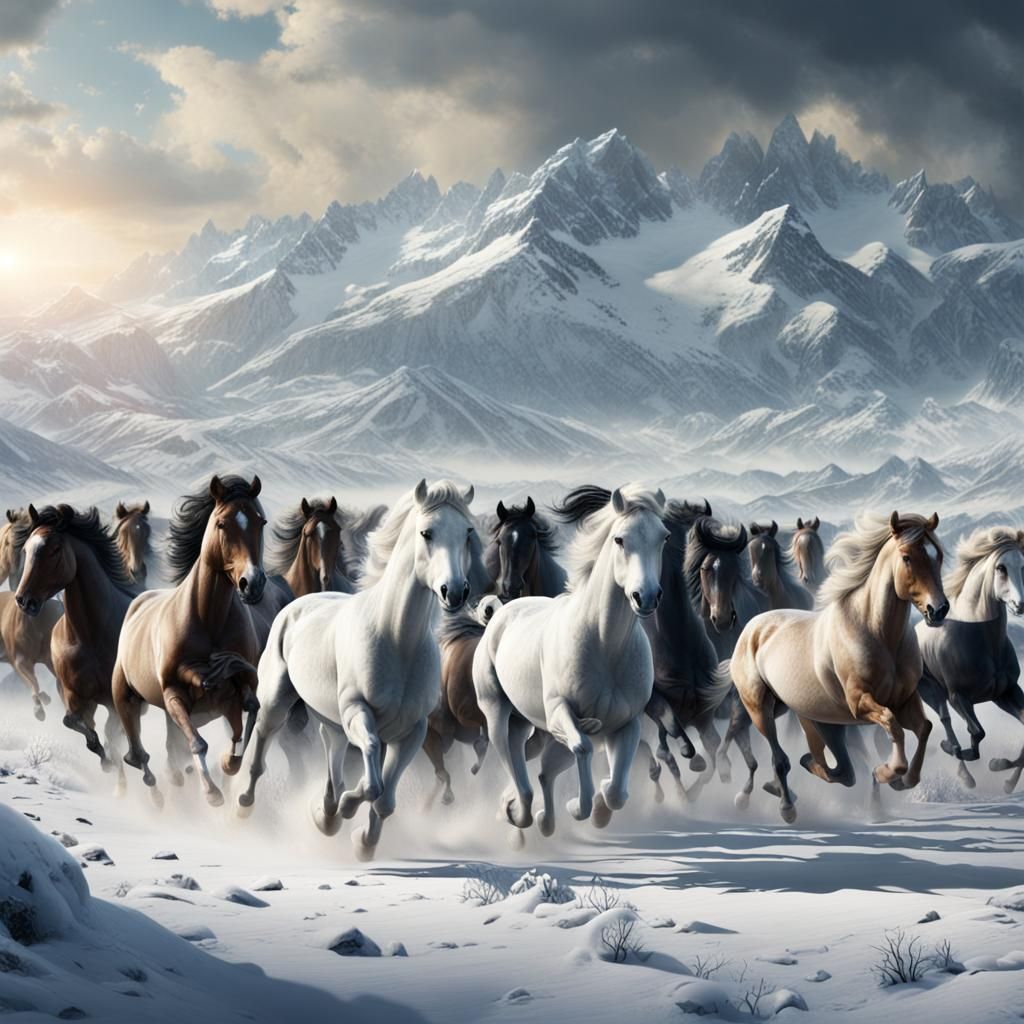 Stampede of Stallions Across Snowy Field