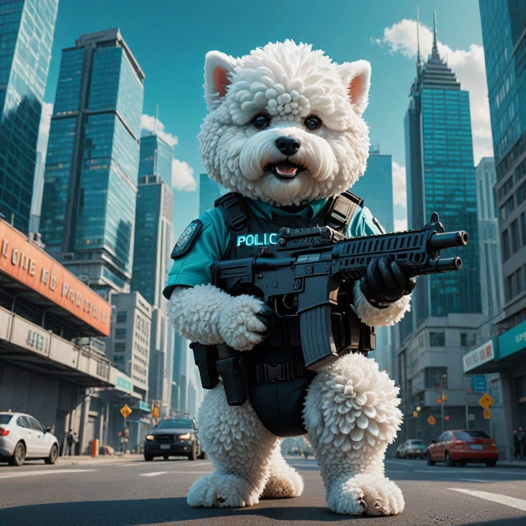 Police Dog in Turquoise Cityscape