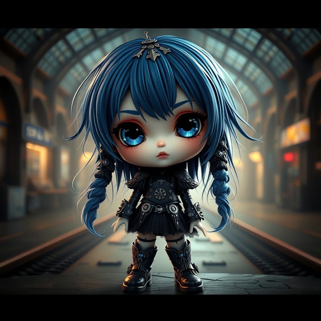 Gothic Chibi Doll in a Vibrant Digital Dreamscape