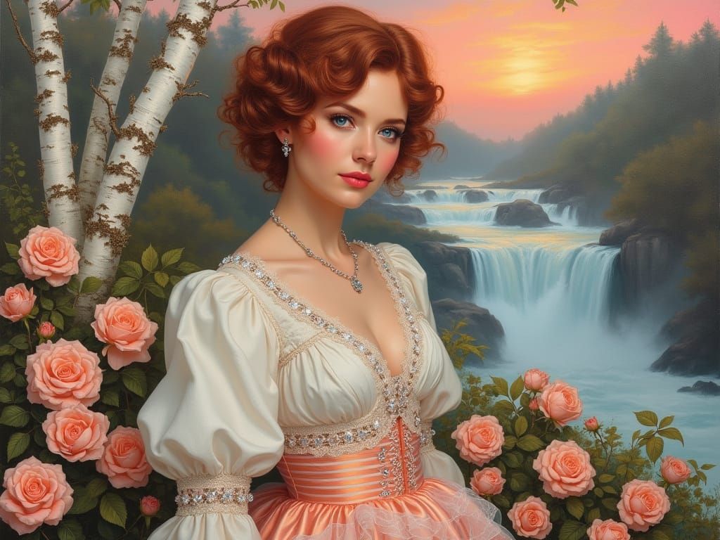 Woman with Auburn Curls in Peach Skirt by Sunset Waterfall