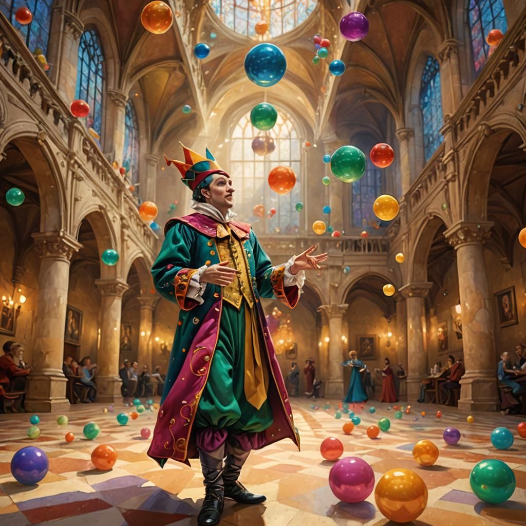 Jester Juggling Orbs in Chagall-Inspired Digital Art