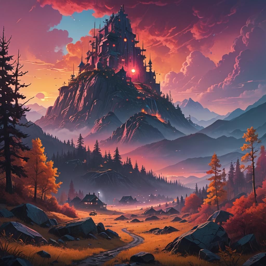 Fantastical Landscape with Glowing Forest in Fantasy Style
