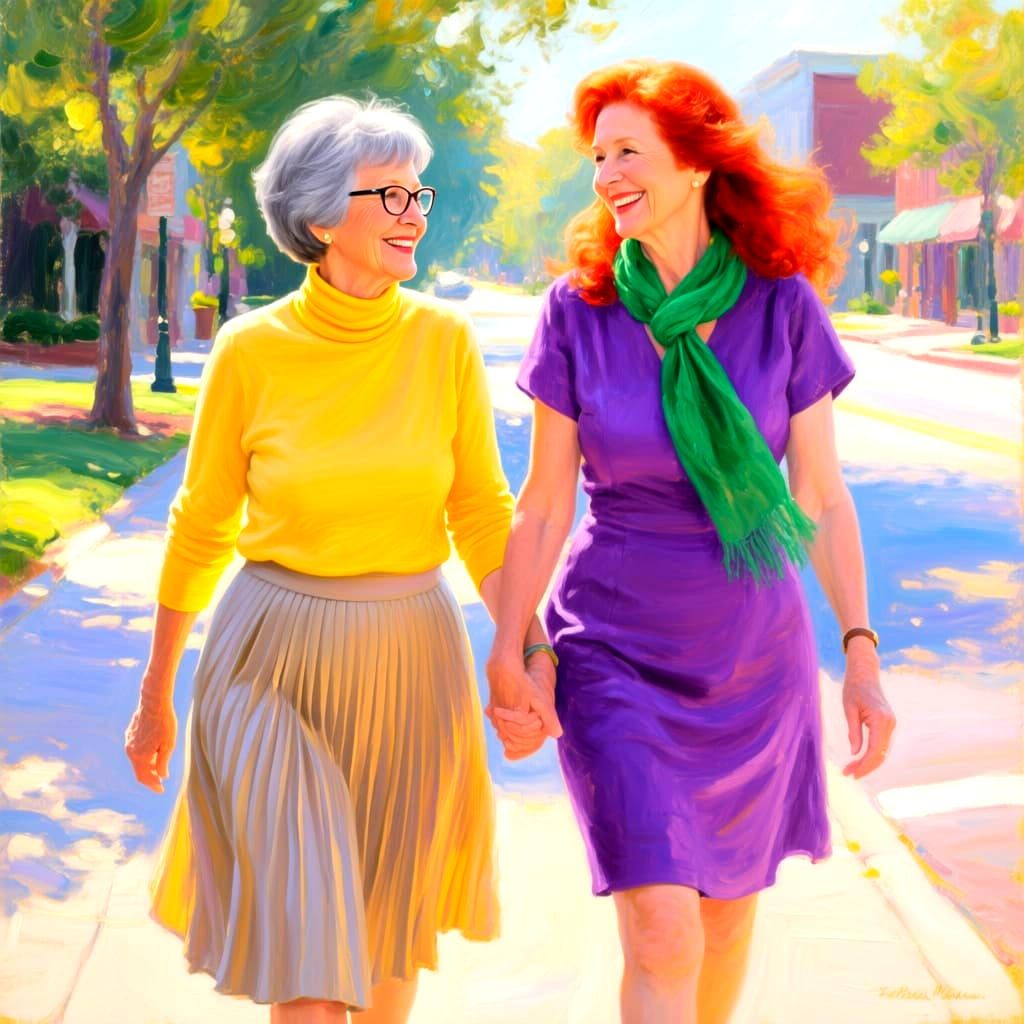 Impressionist Painting of Two Smiling Women on Sunlit Boulev...