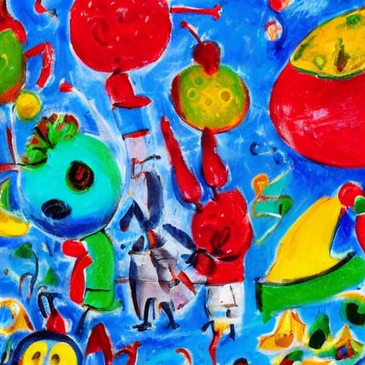 Surreal Fruit Faces in Whimsical Market Scene