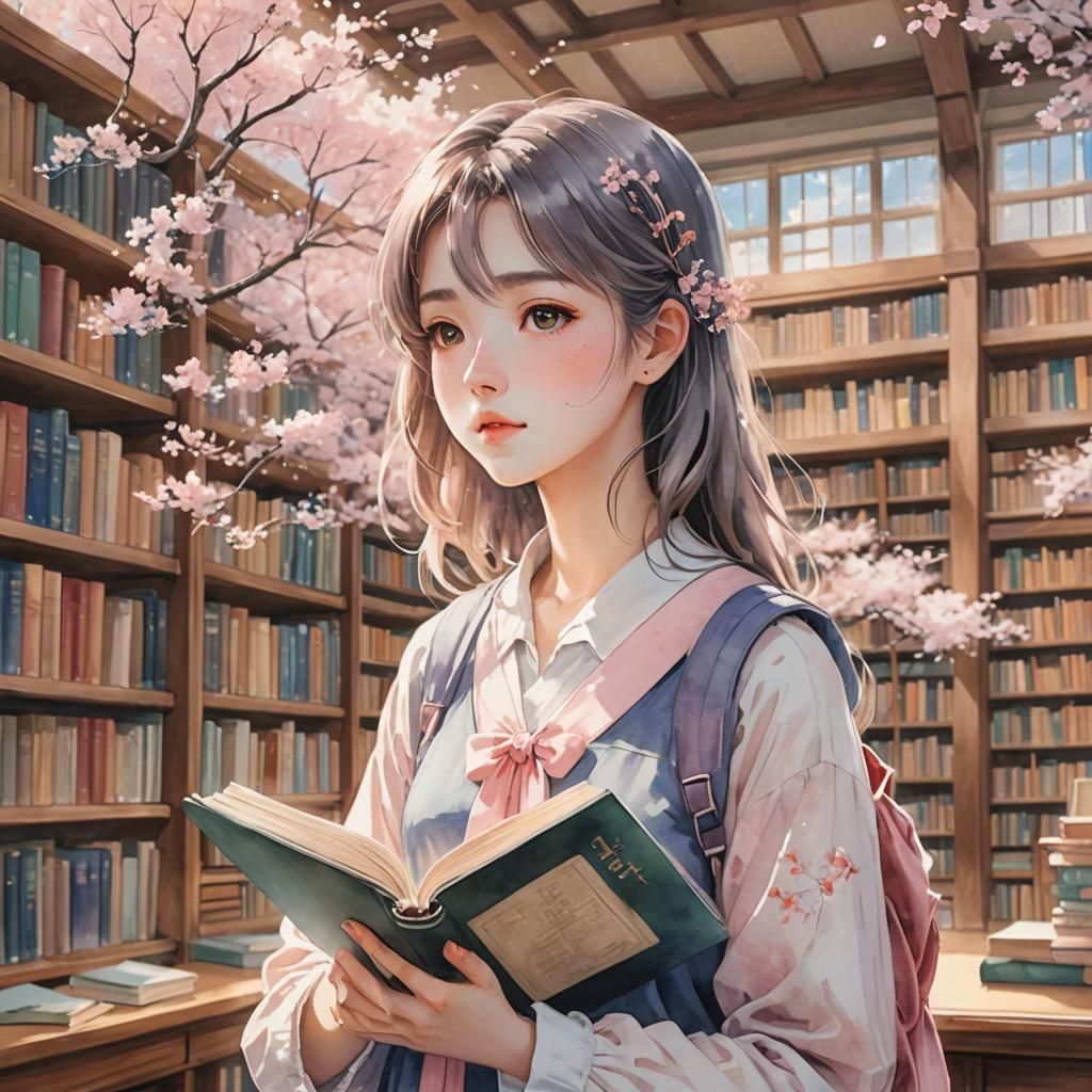 Moe Anime Girl Reading in University Library