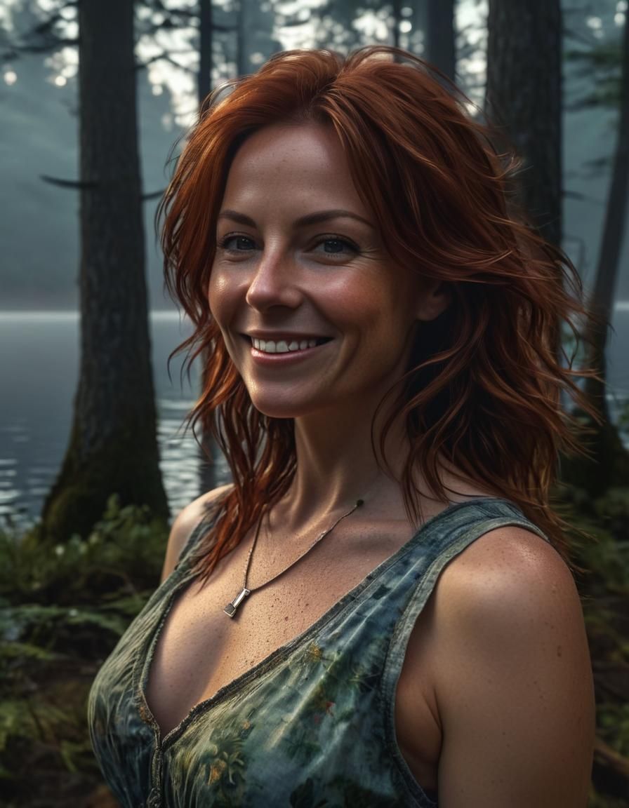 Chiaroscuro Portrait of Pleased Auburn-Haired Woman