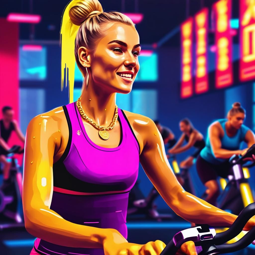 Vibrant Pop Art Gym Scene with Blonde Woman on Spin Bike