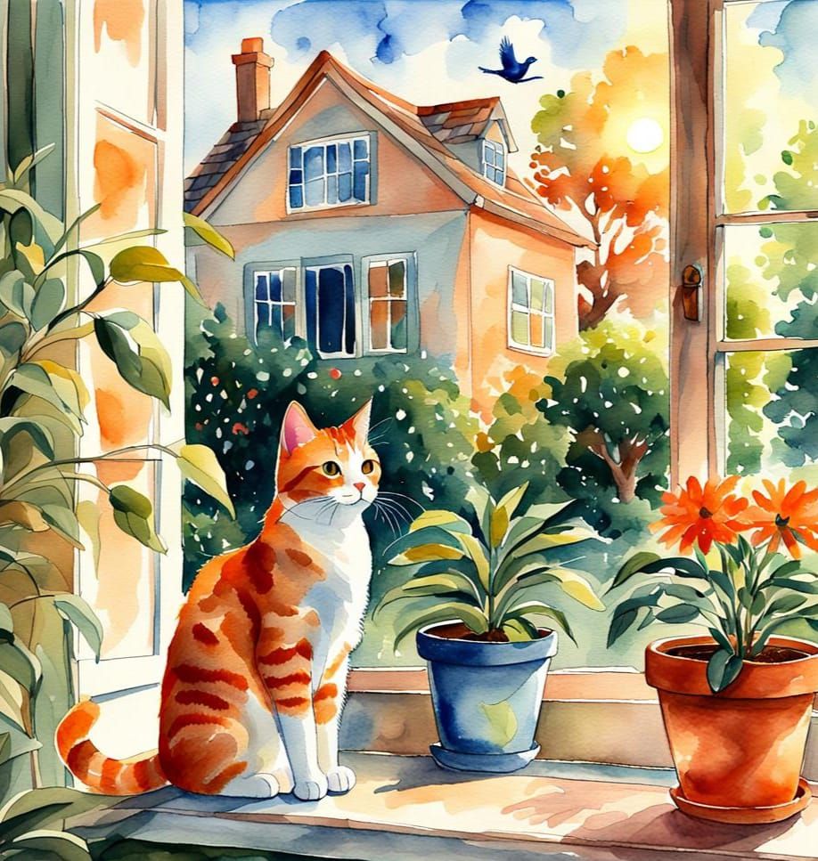 Watercolor Outdoor Scenery with Cat and Bird Illustration