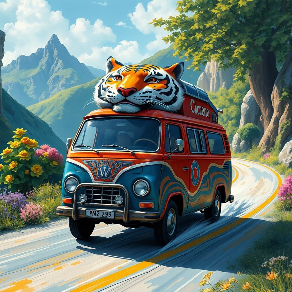 Surreal Tiger Car Van Speeds Through Fantastical Landscapes ...