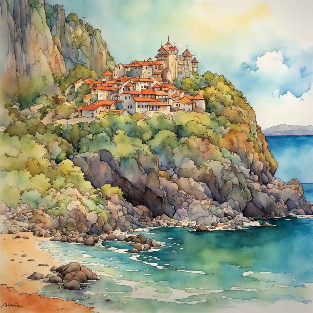 Colorful Seashore City in Manga Art Style