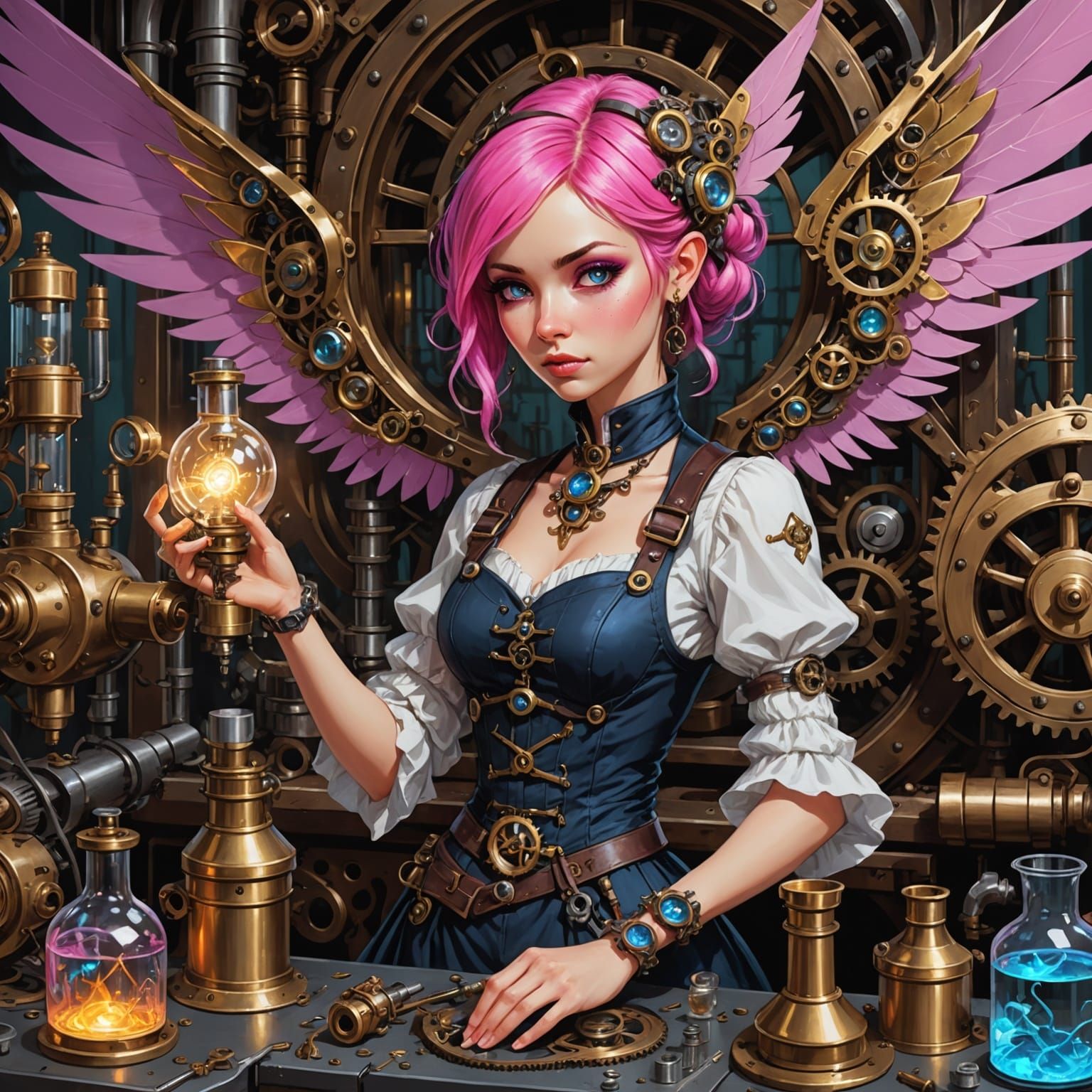 Gothic Fairy Mechanic Repairs Clockwork Dragon