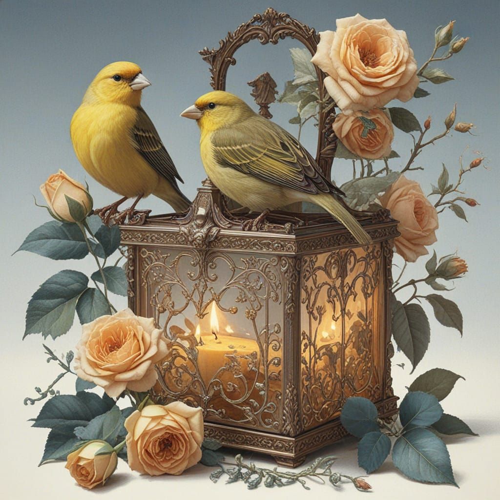 Tempera Painting of a Canary in Music Box