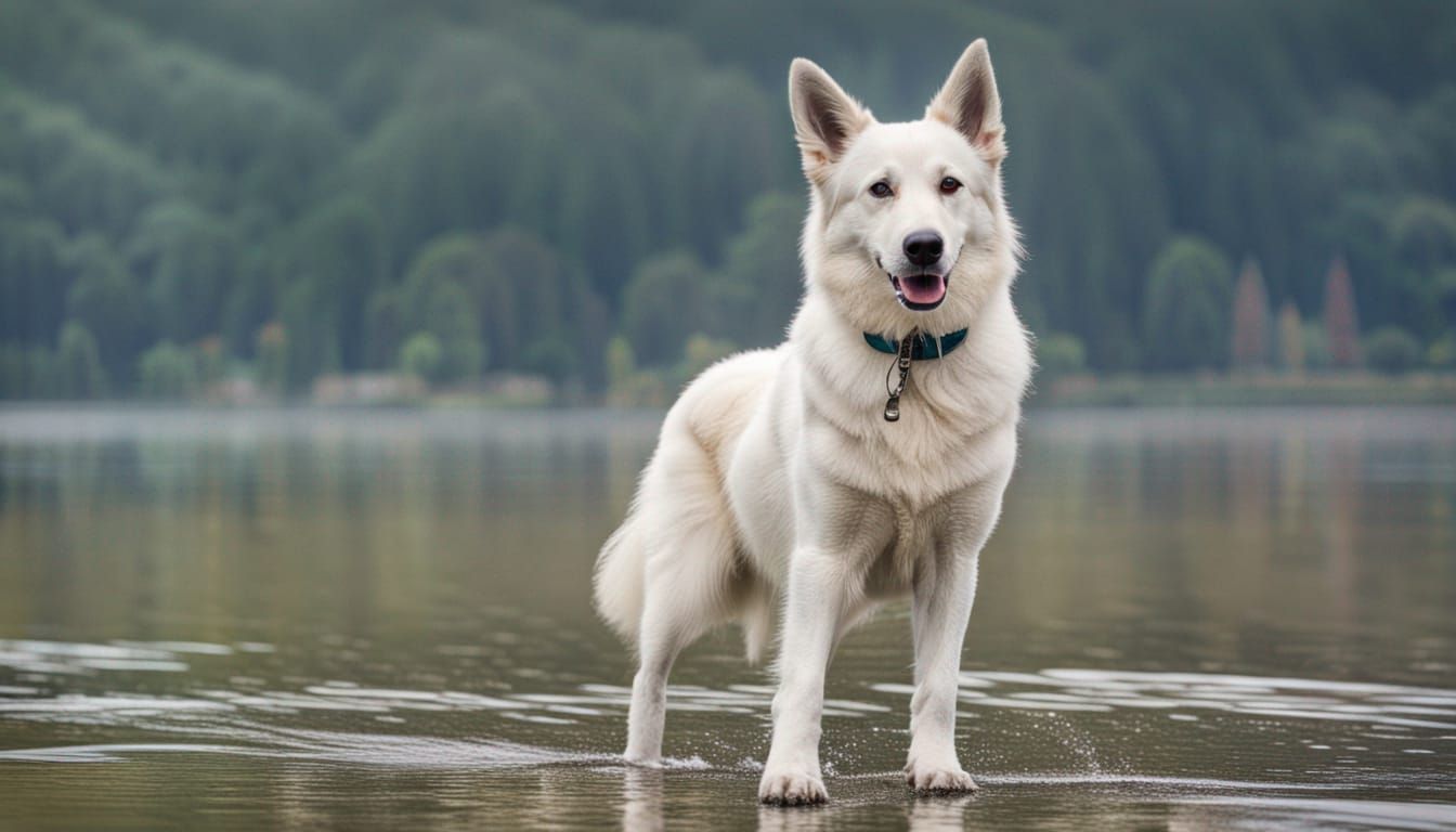 Swiss White Shepherd Walking on Lake Lucerne Shore