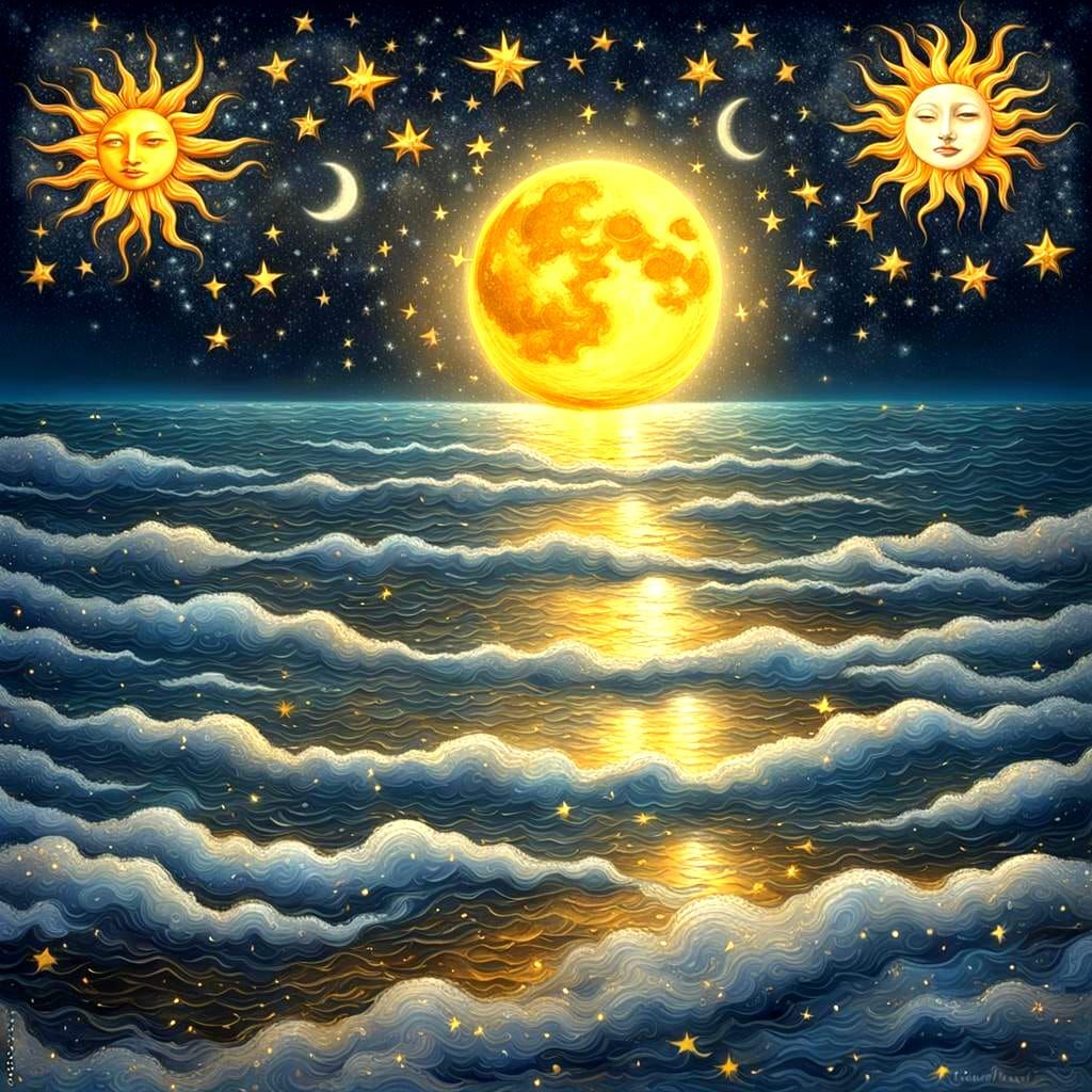 Surreal Moon and Sun Dance Above the Sea