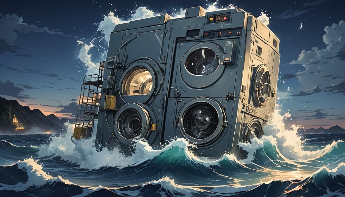 Giant Washing Machine in Ocean, Anime Style