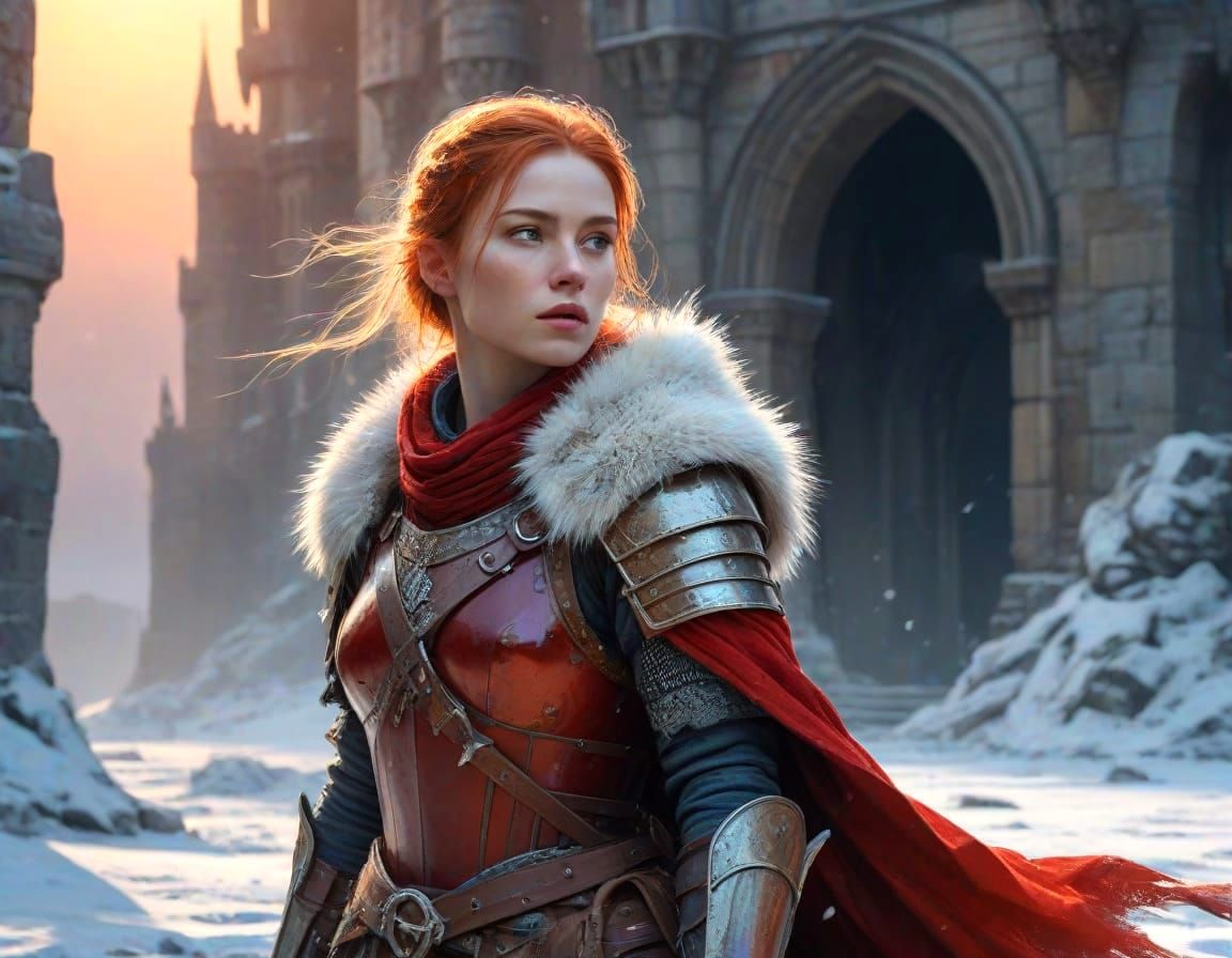 Young Warrior in Knight's Armor at Snowy Castle