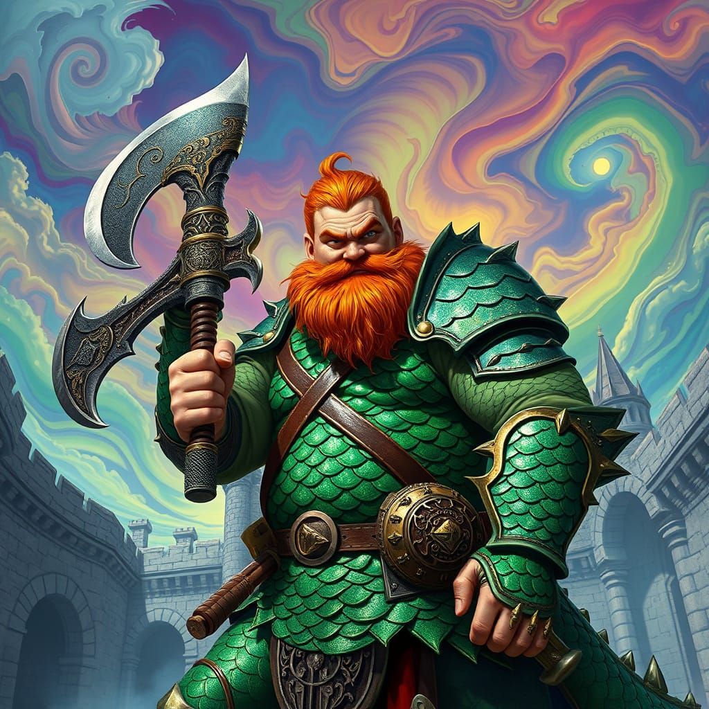 Redhead Warrior in Dragon Armor Under Psychedelic Sky