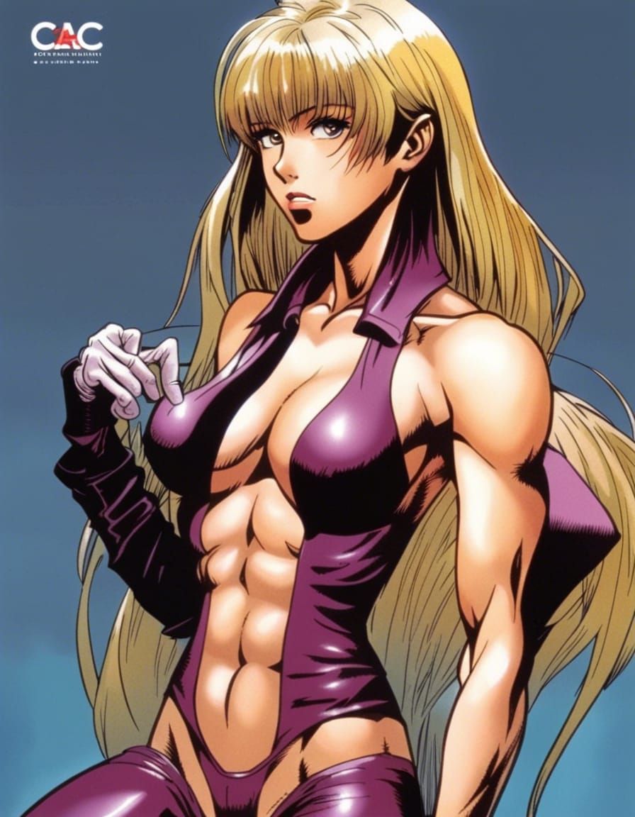 80s Bodybuilder in Blue Corset: Anime Illustration