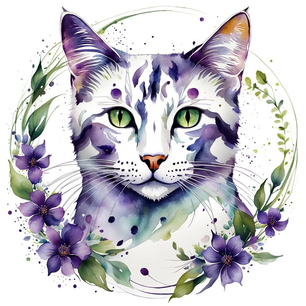 Whimsical Cat with Purple Flowers in Watercolor Style