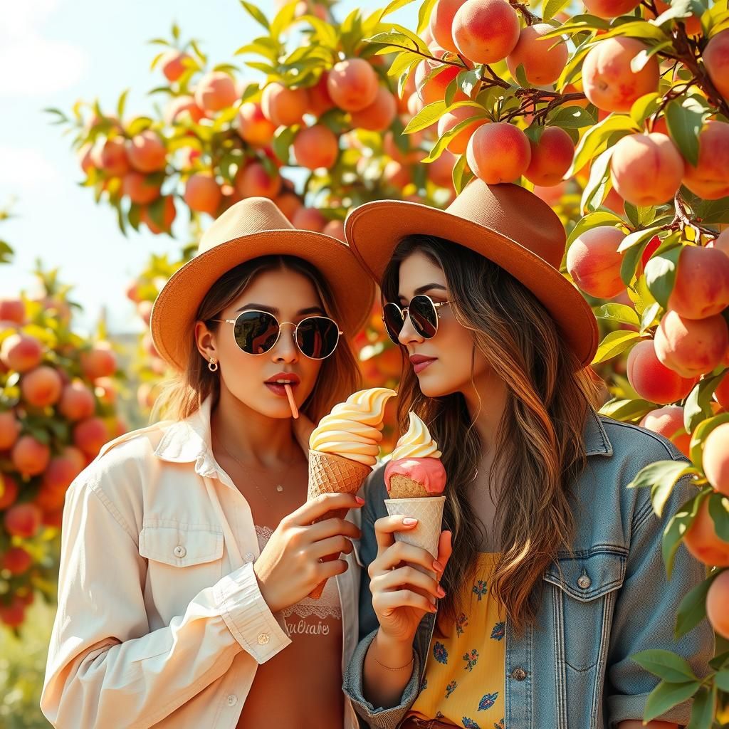 Whimsical Summer Scene with Peach Trees and Ice Cream