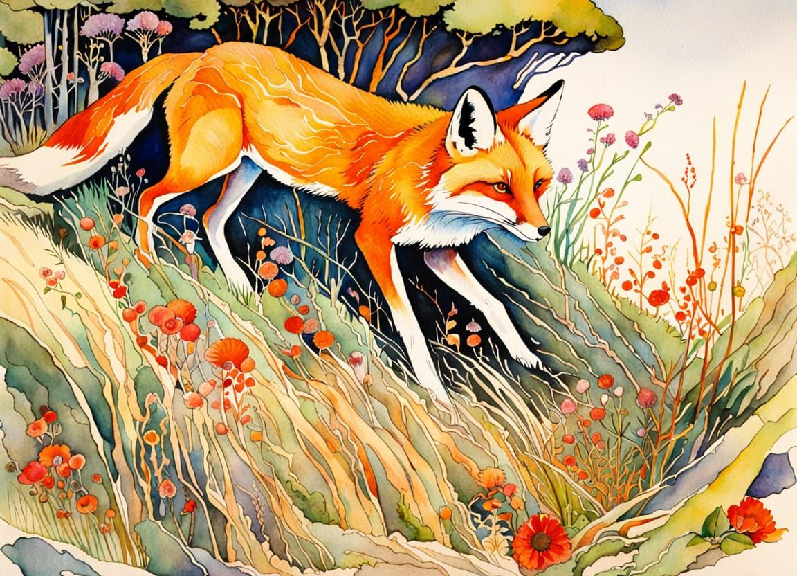 Fox Skeleton in Rare Grass: Watercolor Masterpiece