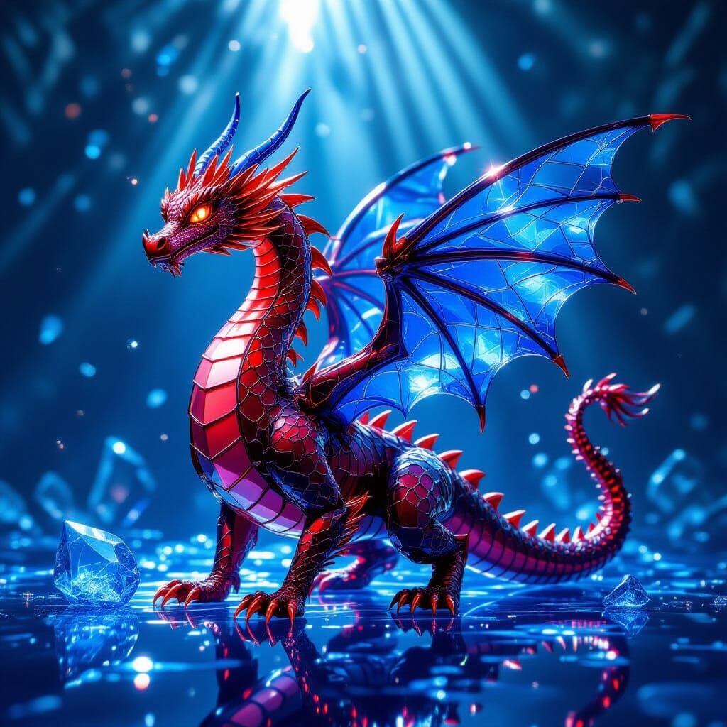 Ruby Dragon Sculpture With Cobalt Glow