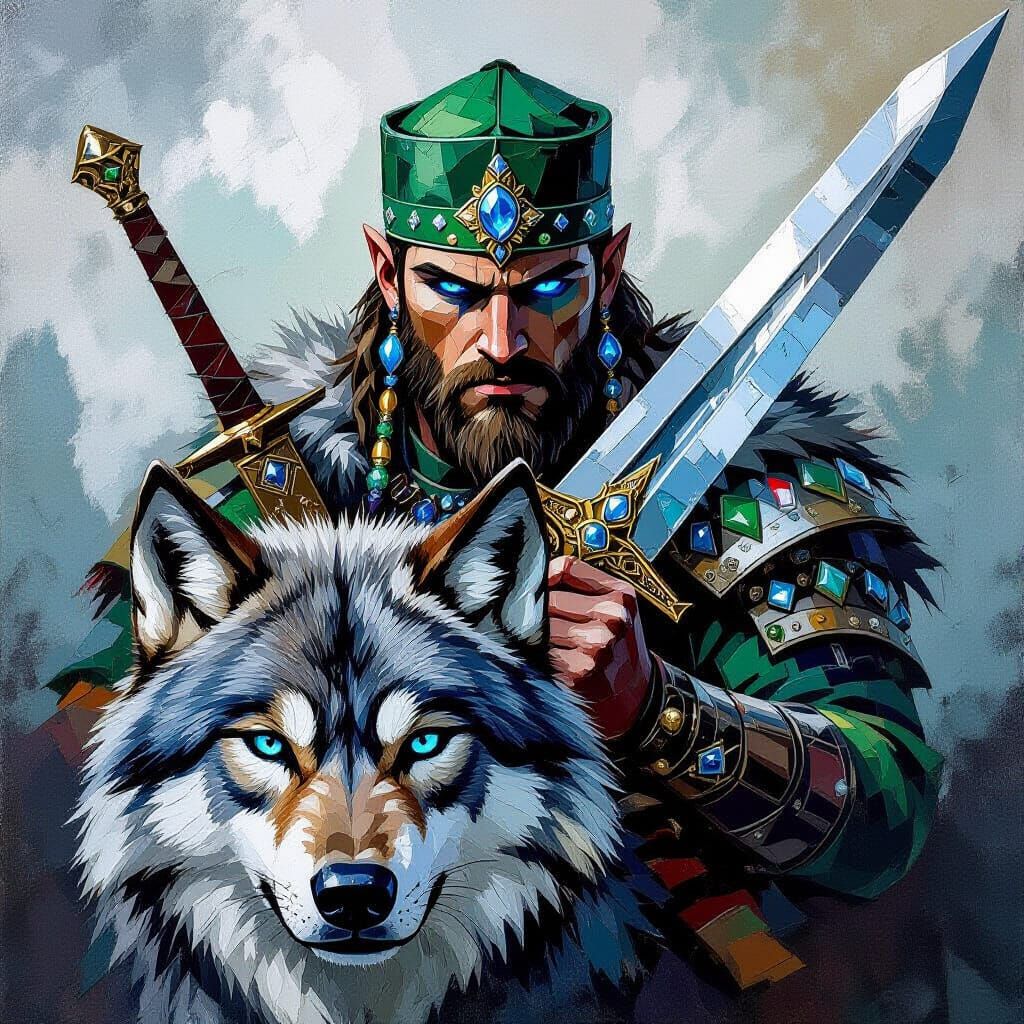 Elb Warrior on Direwolf: Abstract Impasto Mosaic Style