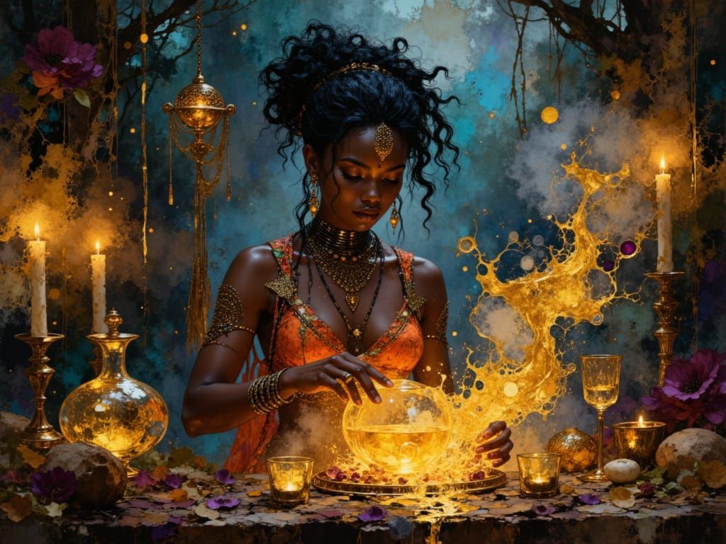 African Sorceress Creates Glowing Potions in Candlelit Coven