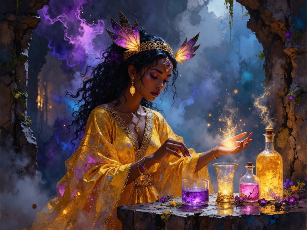 African Sorceress Crafts Potions in Mystical Coven