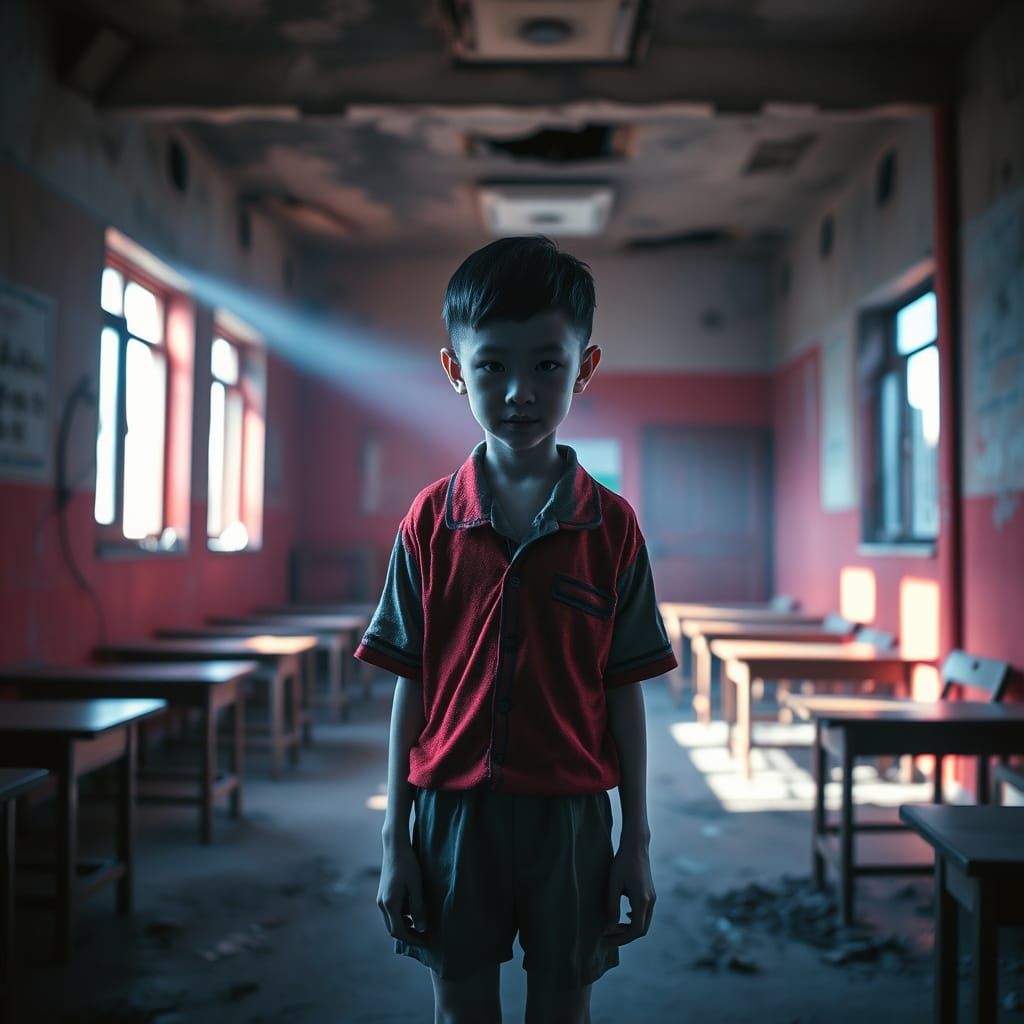 Boy in Abandoned Classroom: Dark Surrealism