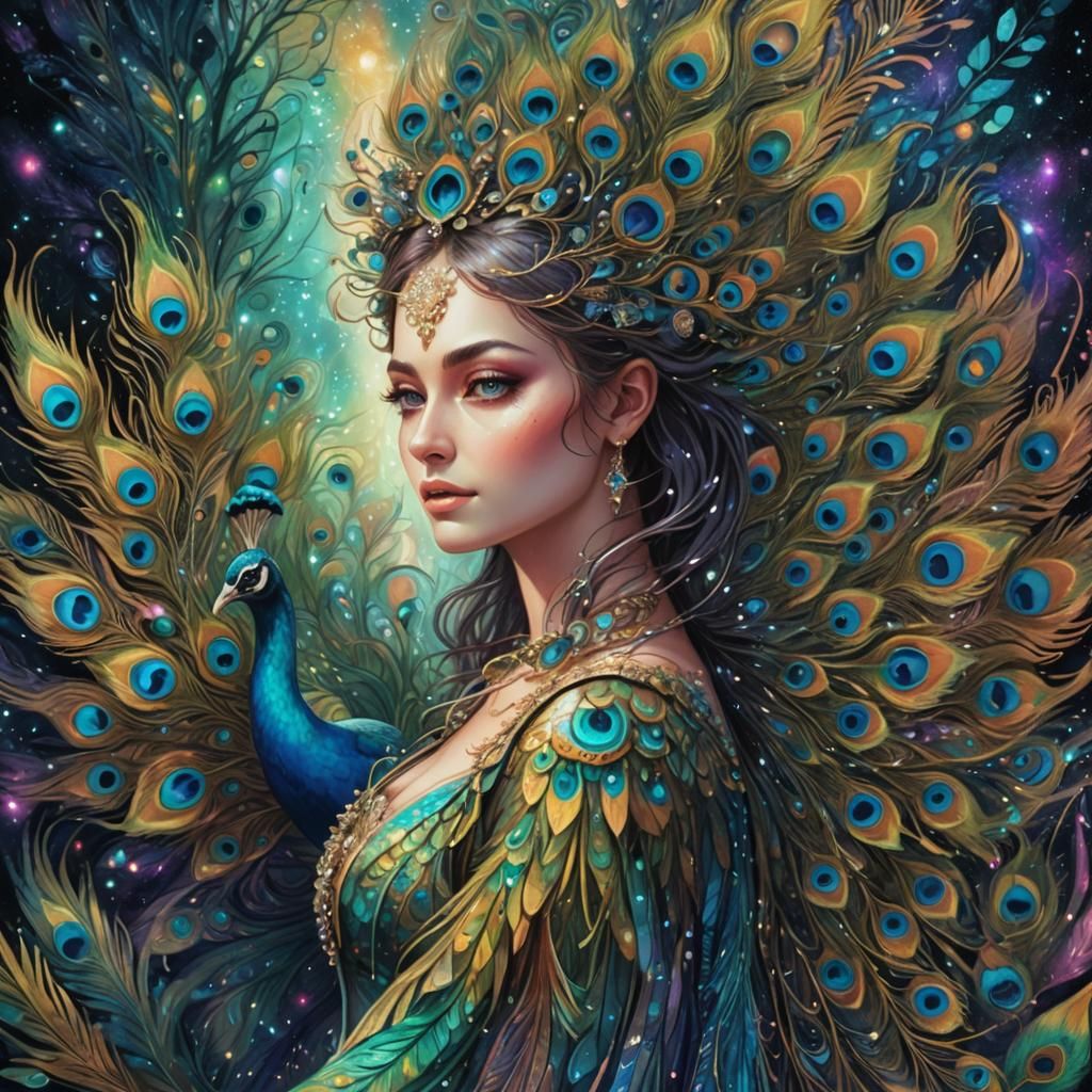 Astral Fairy with Peacock Feathers in Mixed Media