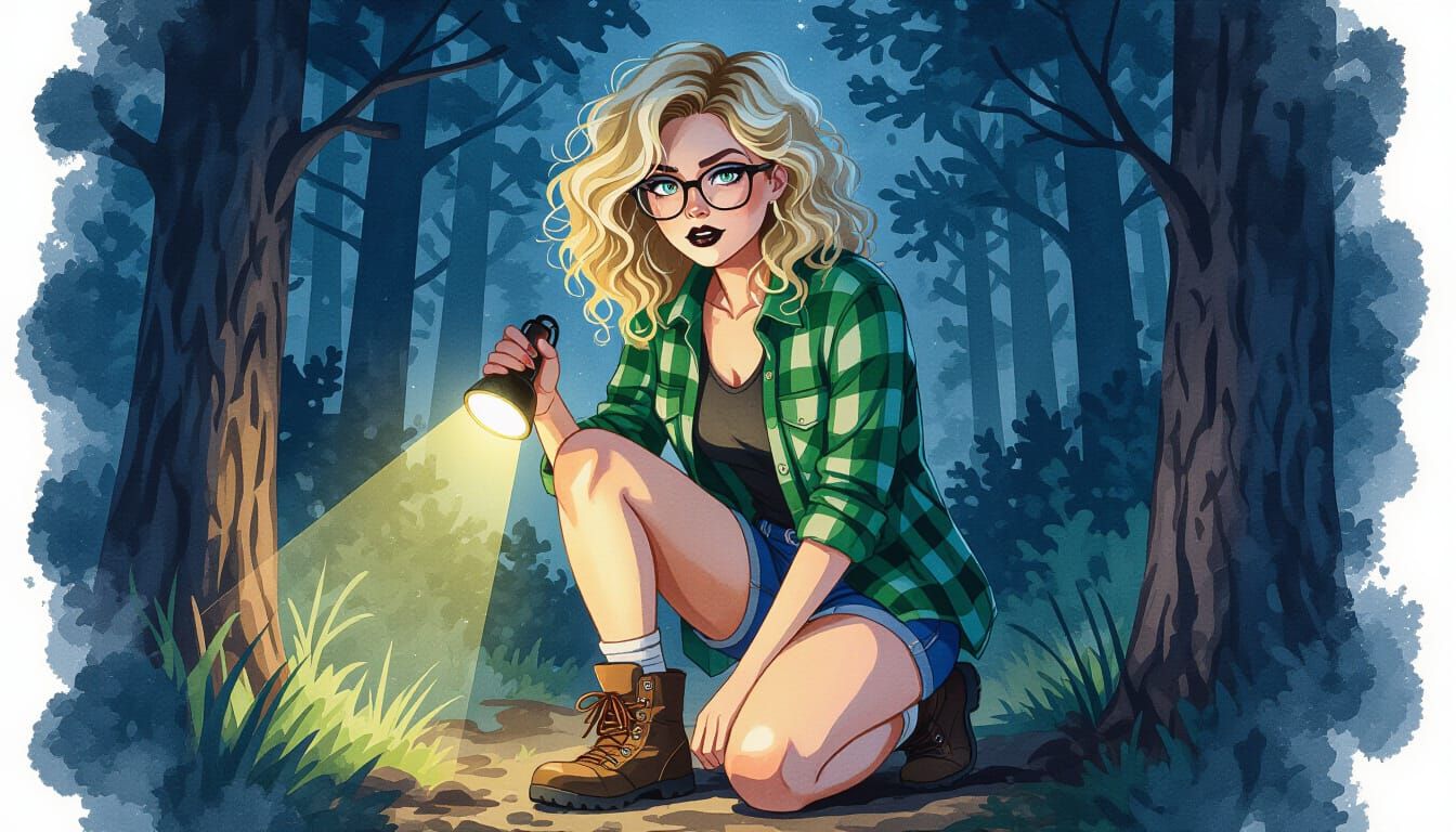 Young Woman Exploring Woods At Night in Gritty Watercolor