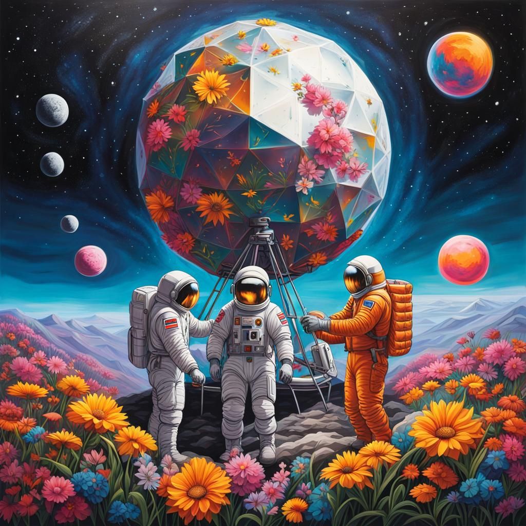 Astronauts tending flowers on the Moon in Graffiti Art