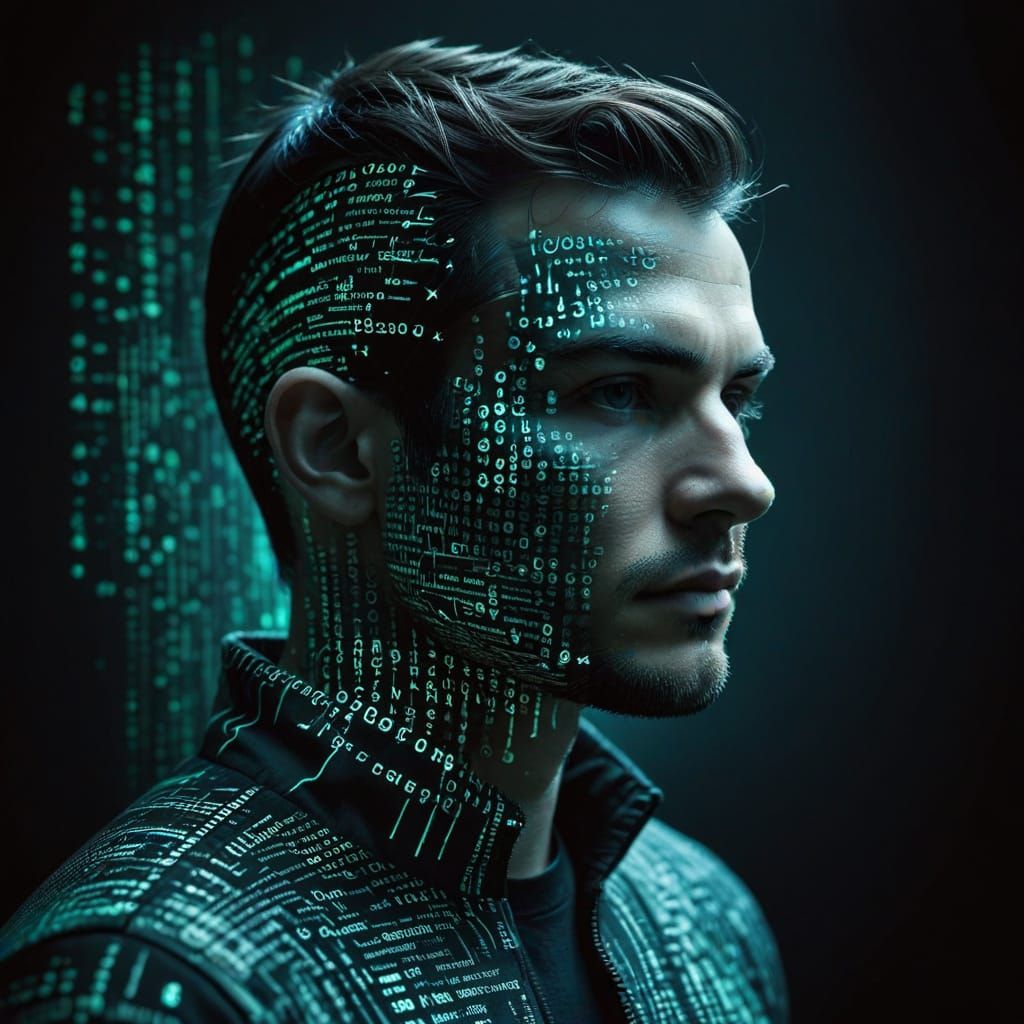 Cyberpunk Programmer Silhouette in a Matrix Code Landscape