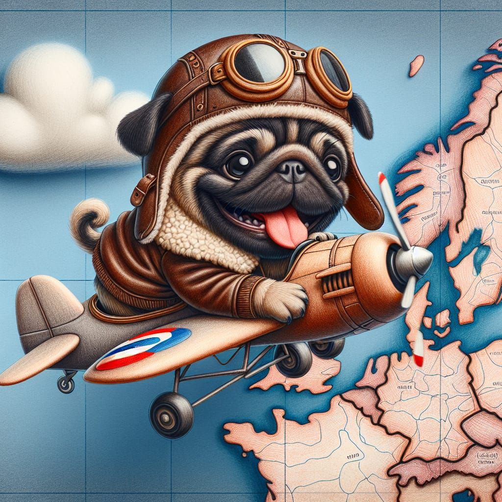 Pug Pilot Flies Cartoon Jet Over Europe