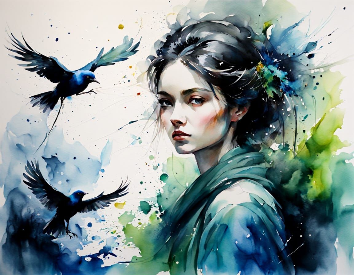 Birds Gather in Ethereal Watercolour Painting