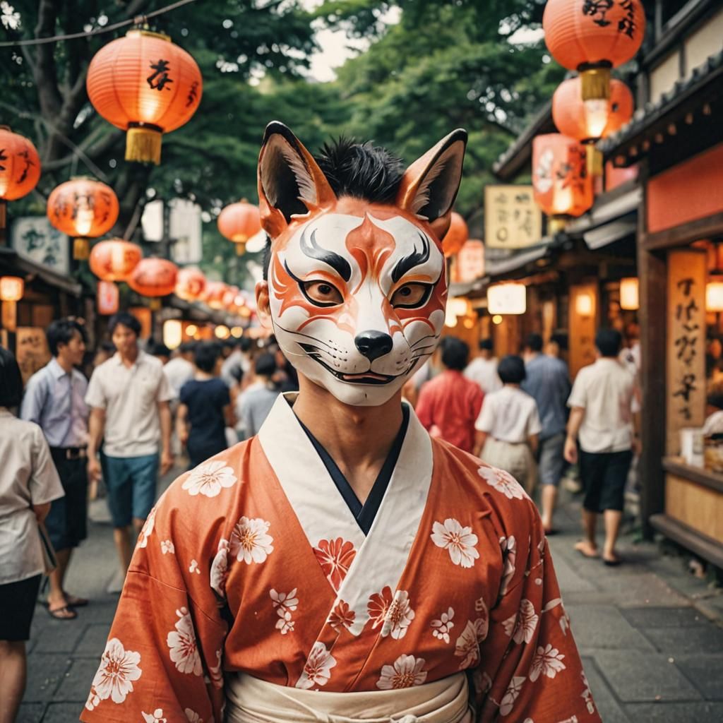 Japanese Man in Fox Mask at Festival, Polaroid Style