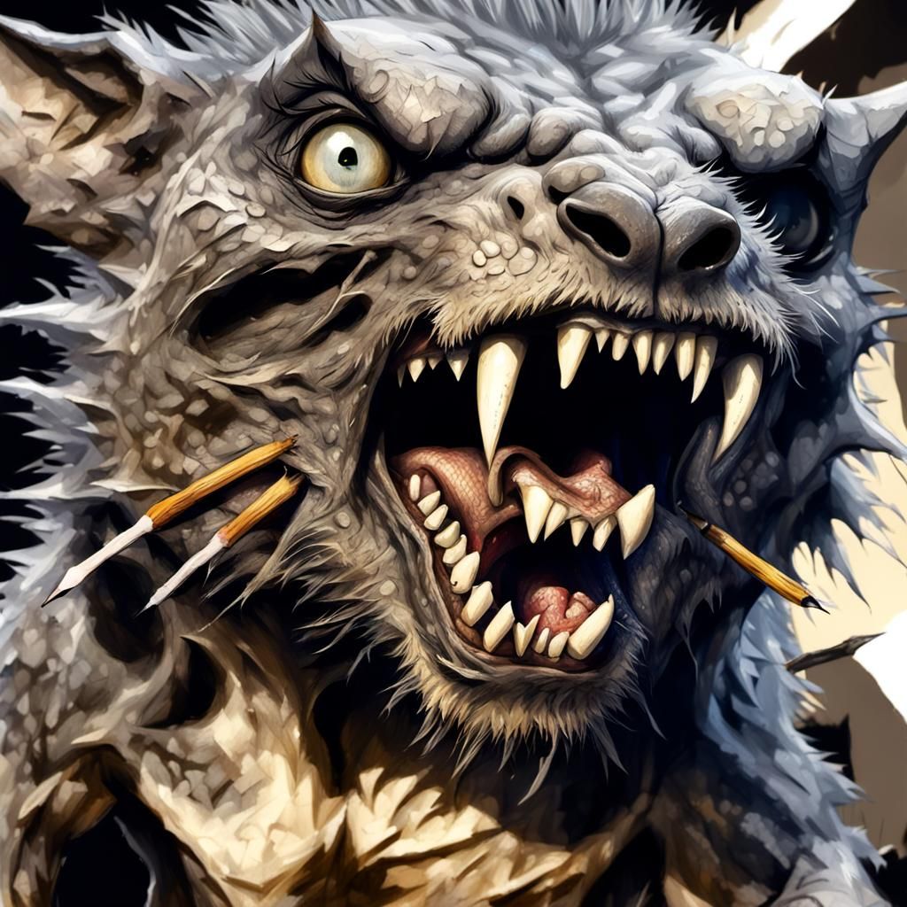 Ferocious Cartoon Monster Roaring: Charcoal Drawing