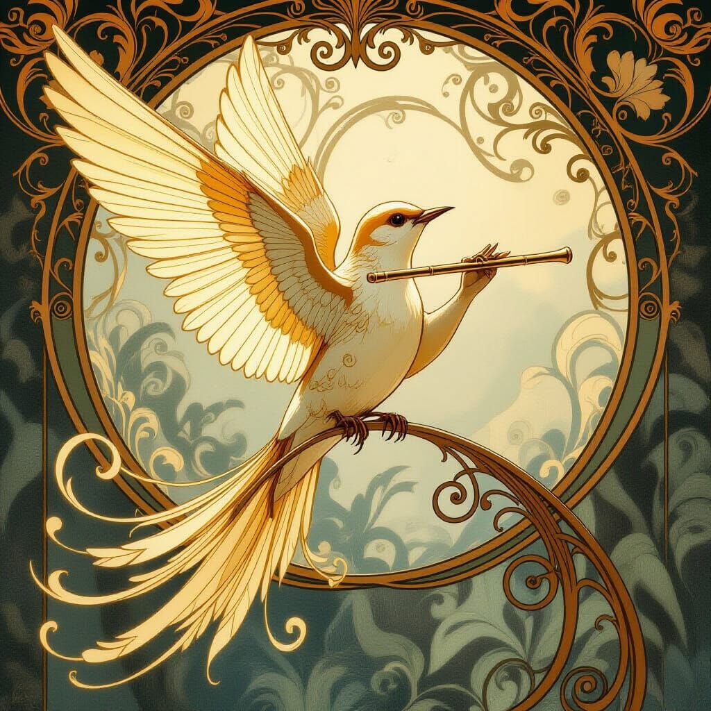 Art Nouveau Songbird Plays Flute in Golden Light