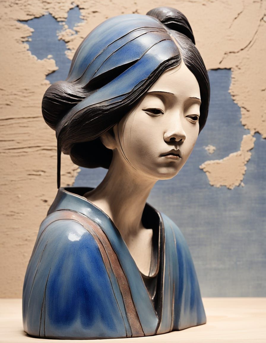 Japanese Raku Pottery Woman in Serene Reflection