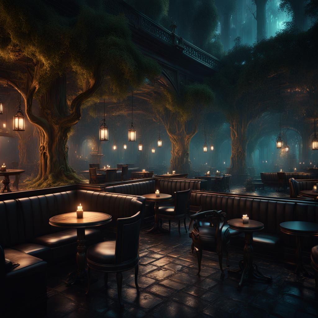 Night Cafe in Forest, Detailed Matte Painting
