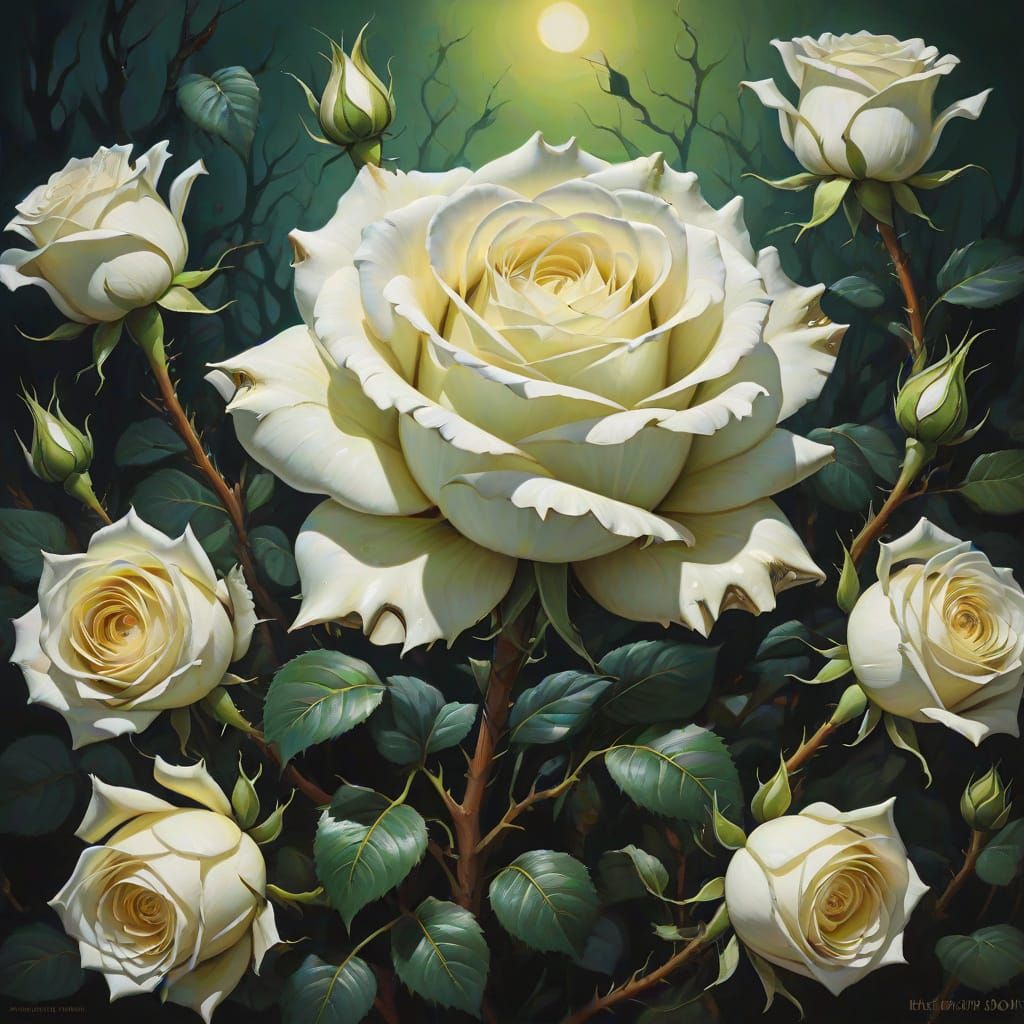 Surreal White Rose Suffocated by Monster Flowers