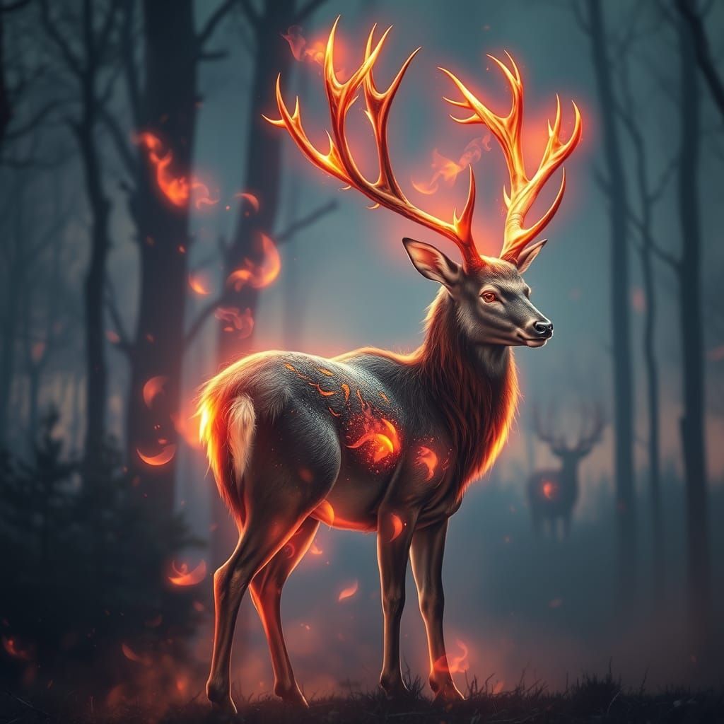 Ethereal Deer in Fiery Twilight Landscape