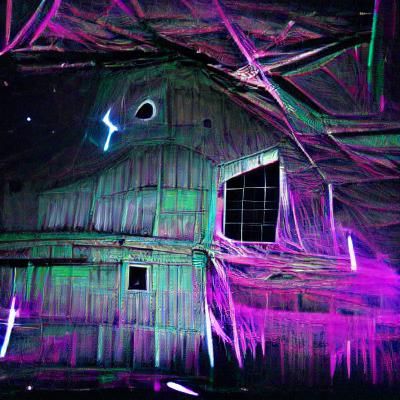 Cyberpunk Ghost Haunts Barn on Jupiter in Space