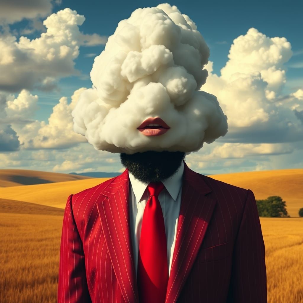 Surreal Man in Red Suit with Cloud Face